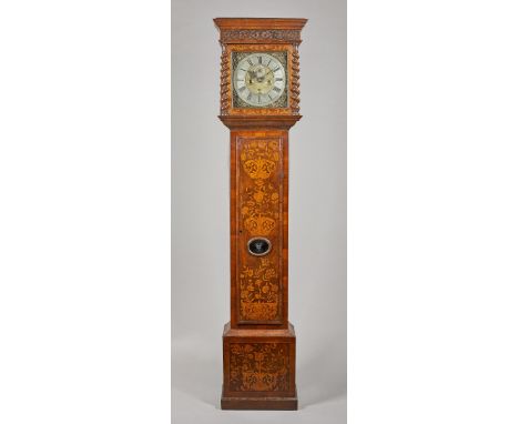 A walnut and marquetry month-duration longcase clockThe dial inscribed J. Windmills, LondonThe pediment with a moulded cornic