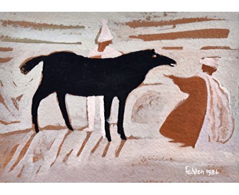 Mary Fedden (1915-2012), Figures and horse, gouache, signed and dated 1986, unframed, 14cm x 20cm. DDS Illustrated. 