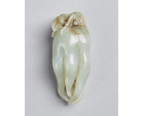 A Chinese celadon jade finger citron, Qing dynasty, naturally carved with curled finger-like tendrils, the stone with russet 