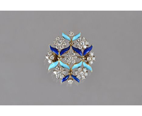 A gold, diamond and enamelled brooch, designed as a series of diamond clusters, mounted with circular cut stones and otherwis
