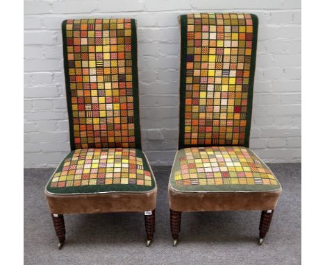 A pair of early 19th century walnut framed prie-dieu on ring turned front supports, 50cm wide x 97cm high. 