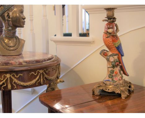 After Meissen originals. A pair of Ceramic Parrot Candlesticks. Possibly early 20th Century. With gilt metal mounts. 36.5cm h