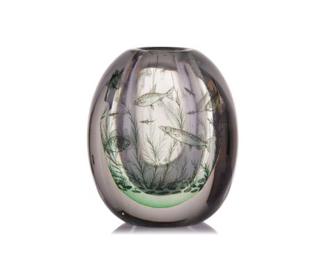 Edward Hald (1883-1980) for Orrefors, a Fiskgraal glass vase, with internal decoration of fish swimming amongst weed, engrave