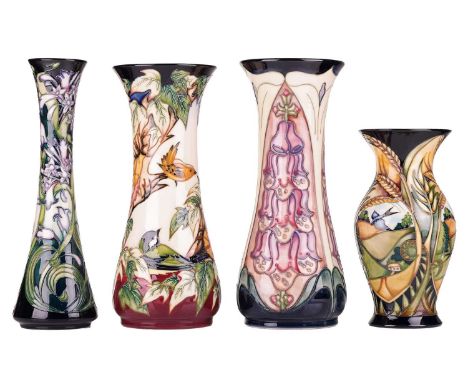 Four pieces of contemporary Moorcroft, comprising an 'Inglewood' pattern vase, designed by Philip Gibson, decorated with bird