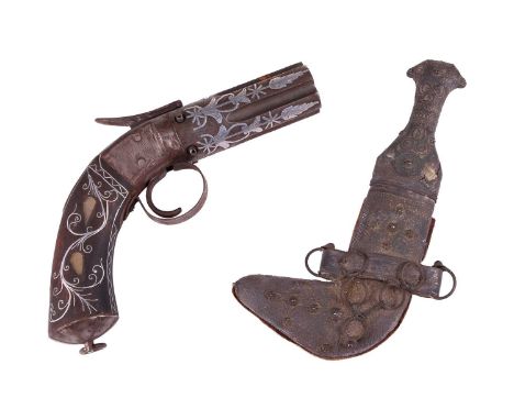 A 19th-century Turkish or Balkan 32 calibre percussion pepperbox boxlock pistol, 22 cm long, with silver Damasked iron barrel