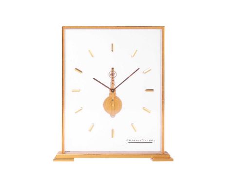 A mid 20th-century Jaeger Le Coultre manual wind, skeleton mantle clock, with brush gilt batons to a conforming rectangular c