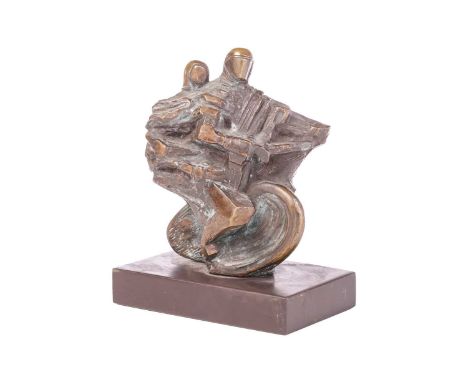 Willi Soukop RA (1907-1995) Austrian/British, 'Motorcycle Rider and Pillion Passenger', patinated bronze on a rectangular bas