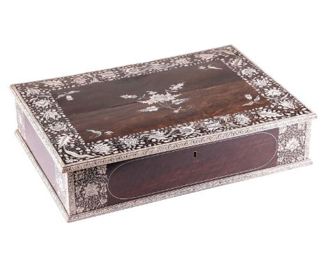 An 18th-century Vizagapatam worked Macassar ebony and penworked ivory Anglo-Indian deed box, the top inlaid with a central sp