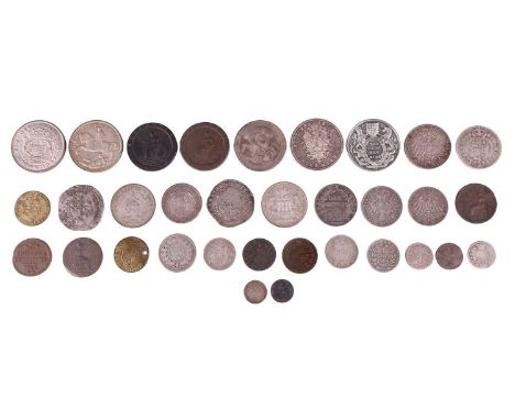 A collection of milled and hammered silver coins, with other coins, comprising: Charles I Half Crown (date not visible), Geor