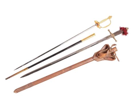 A WW1 Scottish Officers broadsword and scabbard with bell pommel ray skin wire lashed grip and simple crossguard with a water