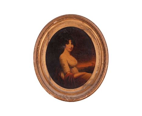 After Sir Henry Raeburn (19th century), Half-length portrait of a seated lady in a white dress, oil on panel, 44 x 33 cm (ova