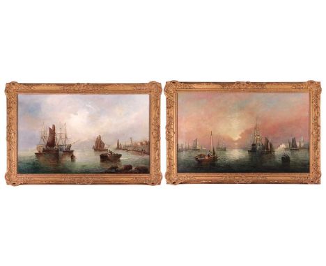 E.J. Watt (British, 19th century), Navy ships and other vessels anchored on coastlines - a pair, each signed E.J. Watt (lower