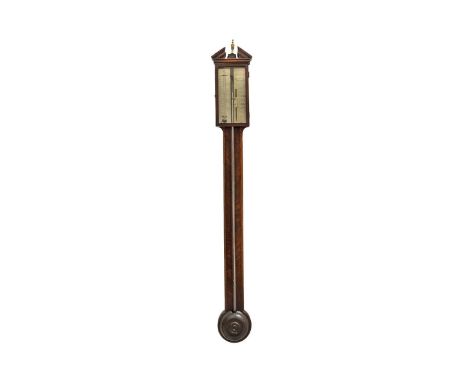 Sollo of Leeds, a George III mahogany stick barometer/ thermometer, with architectural pediment, silvered register plate, exp