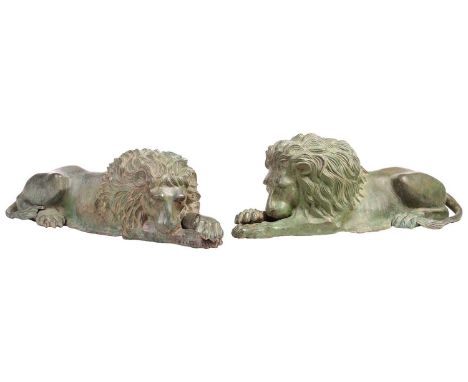 A pair of large green-patinated bronze recumbent lions after Antonio Canova, 20th century, the original sculptures created to