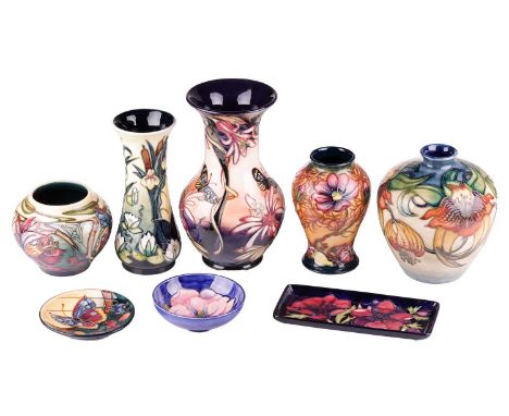 A collection of boxed contemporary Moorcroft items, comprising: a 'Longwing' pattern vase, designed by Sian Leeper, No. 181, 