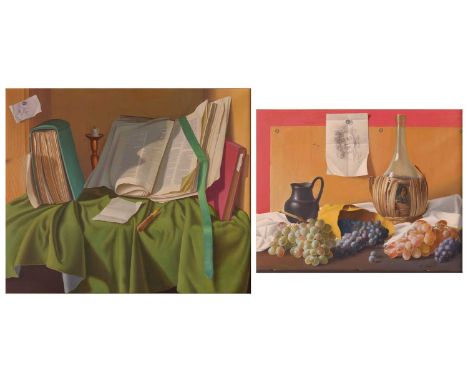Alfredo Serri (Italian 1897 - 1972), Still life with wine bottle, sketch and grapes, signed 'A. Serri' (lower right), oil on 