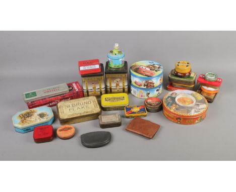 A box of both vintage and modern tins including Ogden's, Disney, Kiwi, Zubes, etc.  