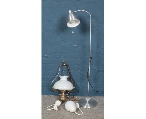 A collection of lights and light fittings. Includes ceiling light with milch glass shade, Ikea standard lamp and a pair of wa