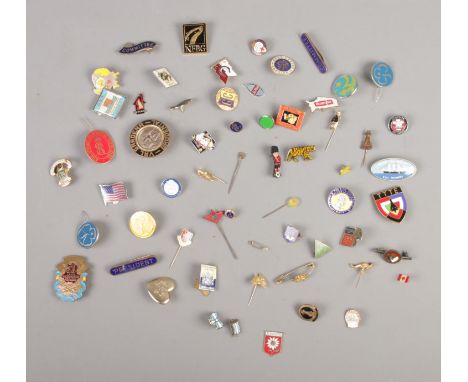 A quantity of assorted vintage pin badges including Dennis The Menace, Battersea Dogs &amp; Cats, R.R.S Discovery, Brown &amp