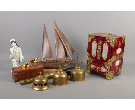 A small collection of assorted items. To include Chinese jewellery cabinet with carved jade coloured tablet inserts, three-dr