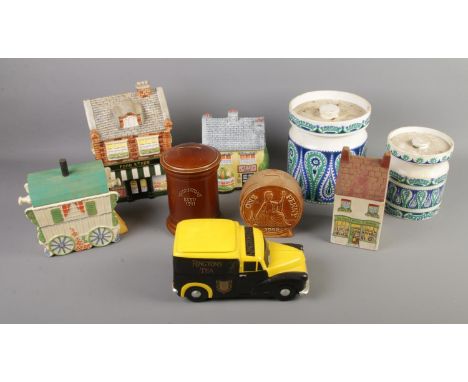 A collection of ceramics including Portmeirion Monte Sol and novelty biscuit jars, Ringtons tea caddy and Thorntons Money Box