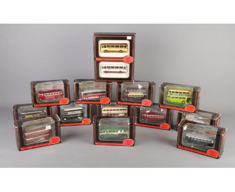 Thirteen boxed Exclusive First Edition scale model buses, including 27207 Leyland TD1 Open Rear, 15606 AEC Routemaster and 99