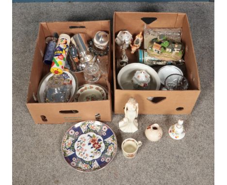 Two boxes of miscellaneous including Sylvac, Caithness, Denby, The Regal Collection Sarah figure, Royal Albert, cut glass vas