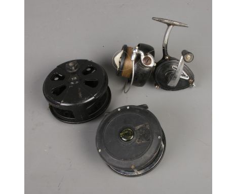 Three vintage fishing reels including Michael Evans &amp; Co and K.P Morritt's Intrepid Elite.  