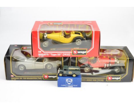 Burago and Corgi, a boxed group comprising Burago 1:24 scale models, Jaguar (1502 (2), 1508), Bugatti (1503, 0538), Citroen 1