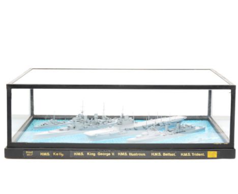 A Bassett-Lowke Diorama of 1:600 scale Royal Naval vessels in a factory made Display Case, comprising HMS 'Kelly, HMS 'King G