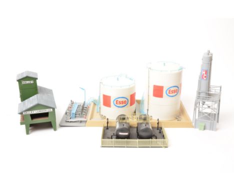 Factory-made and Kit-built HO Scale Buildings by Model Power, many including lights and personnel, including Hoffa Cement Fac