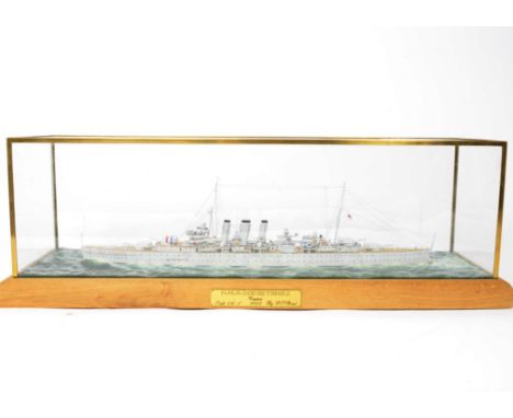 A fine 1;384 scale model of Cruiser HMS 'Dorsetshire' built by P J Reed,  constructed in wood and metal, built and painted to