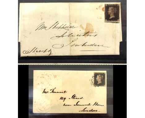 1840 1d. Two stamps on letters. black plate 2 SH (upper transfer shift), fine used with ample to large margins and double str