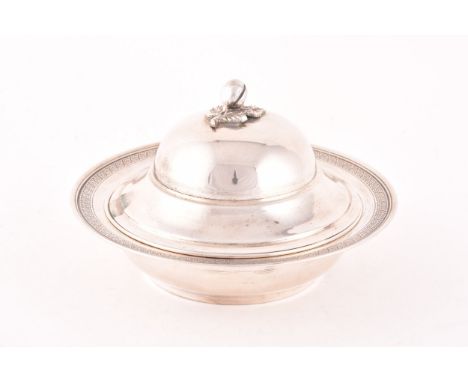 A silver three piece caviar serving lidded dish, with inside tray, set with a decorative floral top finial, marked '900', 14 