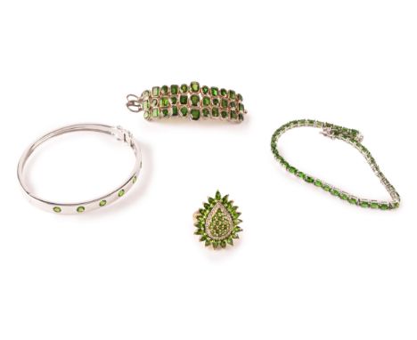 A silver and chrome diopside bracelet, the central segment collet-set with mixed-cut stones, on chain bracelet, together with