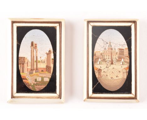 Grand Tour. A pair of 19th century Italian micro mosaic plaques, depicting scenes of Rome, with ivory frame and wooden backs,