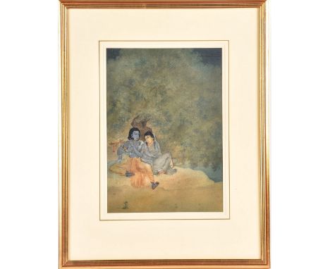 A watercolour illustration of Krishna "the diving lover", playing his flute to an adoring maiden, various inscription to vers