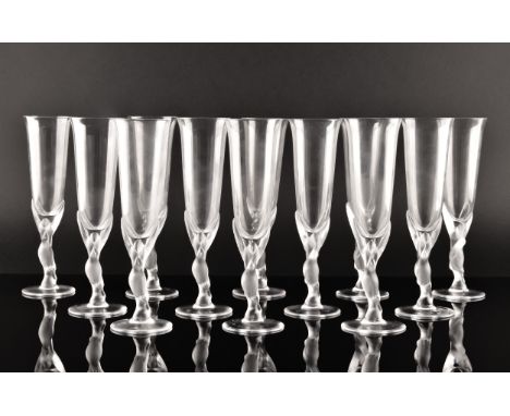 A set of twelve Igor Carl Fabergé crystal champagne flutes, the frosted stems modelled as two kissing doves, all with origina