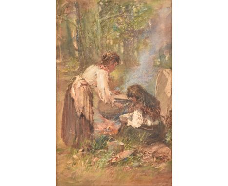 After Charles Gustav Louis Phillips (1863–1944). 'A Gipsy Cook', depicting two women cooking in a forrest setting, watercolou