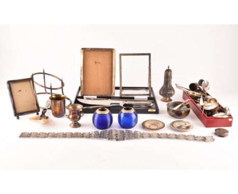 A small collection of silver items and plated items including a collection of cutlery; a George V pickle fork by Harrison Bro