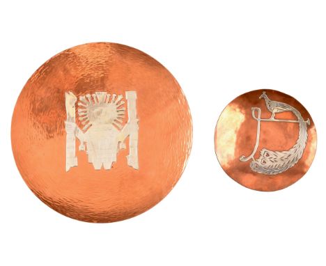 A 20th century copper wall plate with applied silver Aztec design, 25 x 25 cm, together with a small dish with applied silver