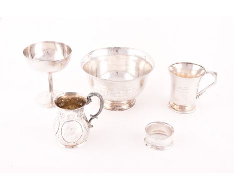 A Tiffany &amp; Co sterling silver bowl, with engraved decoration, together with a Victorian silver miniature tankard, a silv