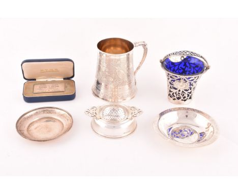 A collection of antique silver, including a Victorian aesthetic movement tankard, engraved with birds and flowers, hallmarked