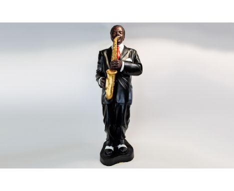 A Vintage Tall and Impressive Hand Painted Black Americana Jazz Band Resin Figurine, Playing The Saxophone. Rare In This Size