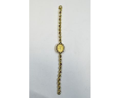 Ladies 18ct Gold Bueche Girod Wristwatch, Oval Shaped Gilt Dial, The Bezel And Chain Link Bracelet Both Set With Alternating 