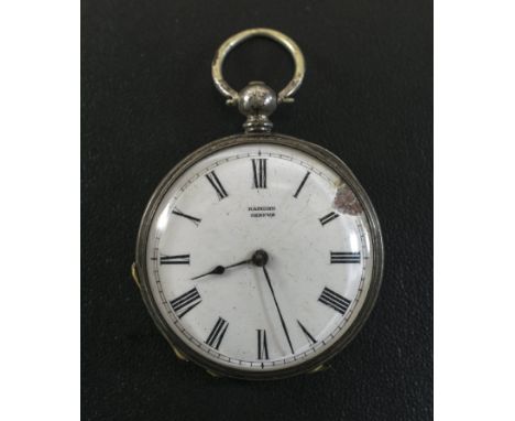 Silver Pocket Watch  Marked 'Ramond Geneve' Some damage to ceramic face, pretty engraved back with scroll and foliage design