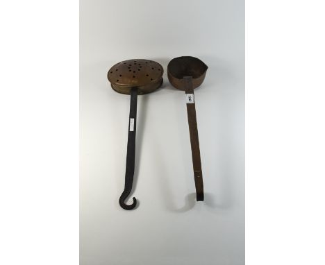 Early 19thC Copper Utensils comprising deep bowl shaped ladle and warmer.