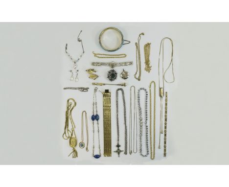 Mixed Lot Of Costume Jewellery, Comprising Bracelet, Bangle, Paste Set Brooches, Pendant Watch, Silver Gate Bracelet, yellow 