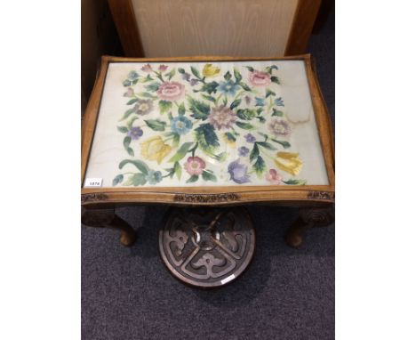 Georgian Style Walnut Coffee Table Shaped form, carved acanthus scroll cabriole legs. Glass covered top with encapsulated flo