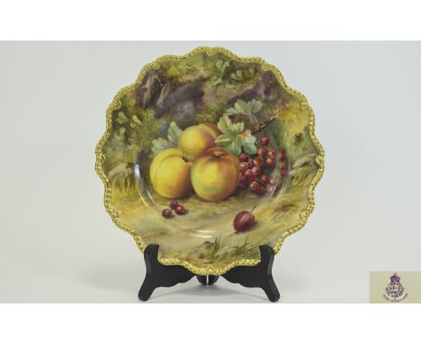 Royal Worcester Hand Painted and Shaped Cabinet Plate ' Fallen Fruits ' c.1928. Signed T. Lockyer. Diameter 8.75 Inches, Nice